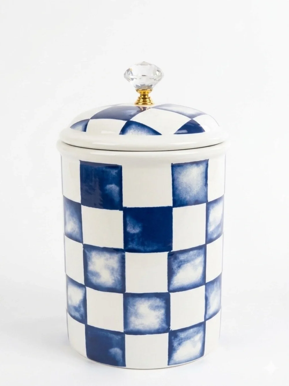 Blue & White Checkered Ceramic Canister with Clear Knob on Lid